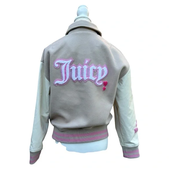 ❤️Juicy Couture‎ Beige White Varsity Jacket Pink Logo Preppy Y2K Sz M NWT